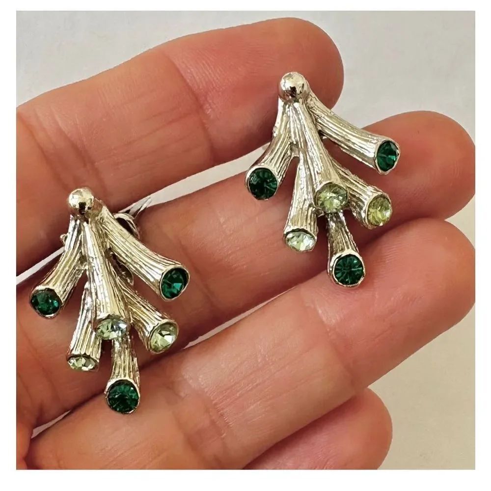Vintage silver tone green rhinestone coral branch clip on earrings